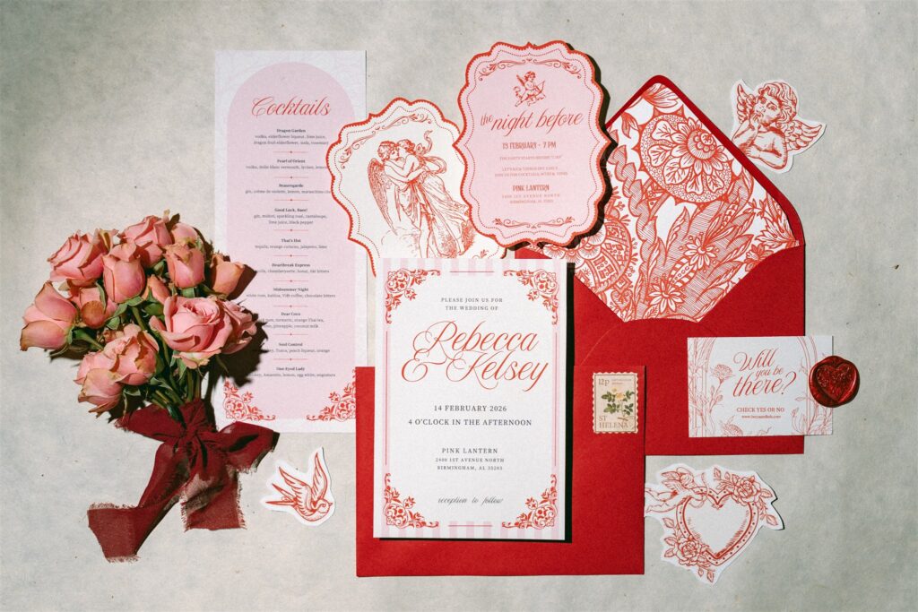 A Valentine's day themed wedding flat lay is captured by Alabama wedding photographers 