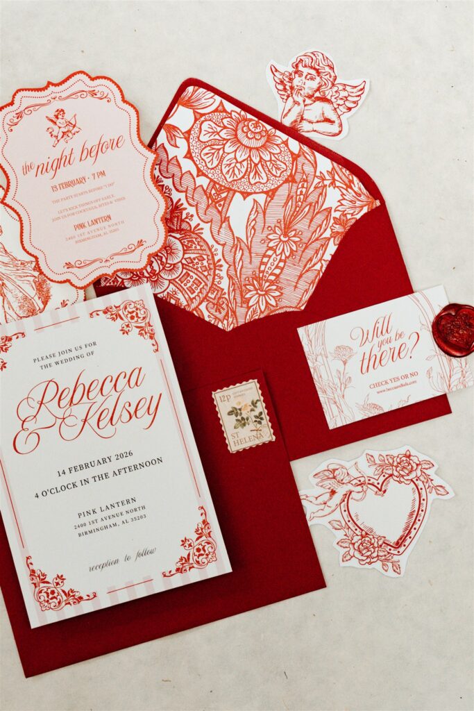 Elopement flat lay captured by alabama elopement photographers featuring Cupid stationery, cocktail menu, and romantic red and pink wedding details in Birmingham Alabama.