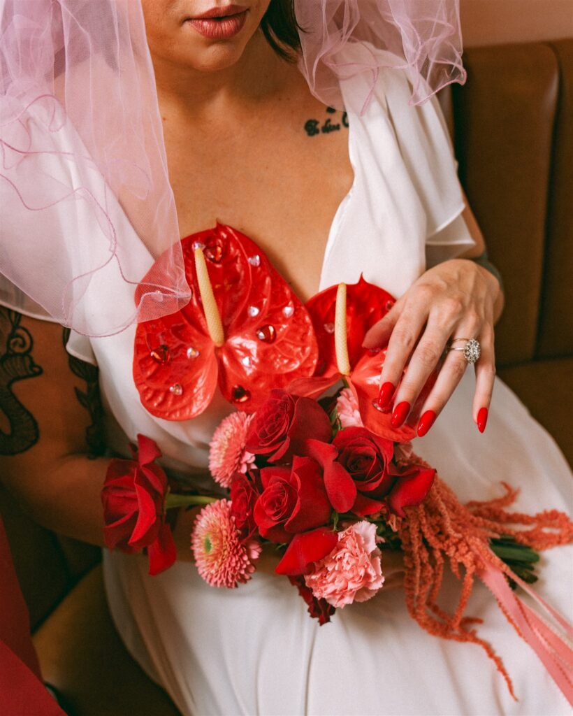 Artistic wedding florals with pink roses and bold textures designed for an intimate Birmingham Alabama elopement.