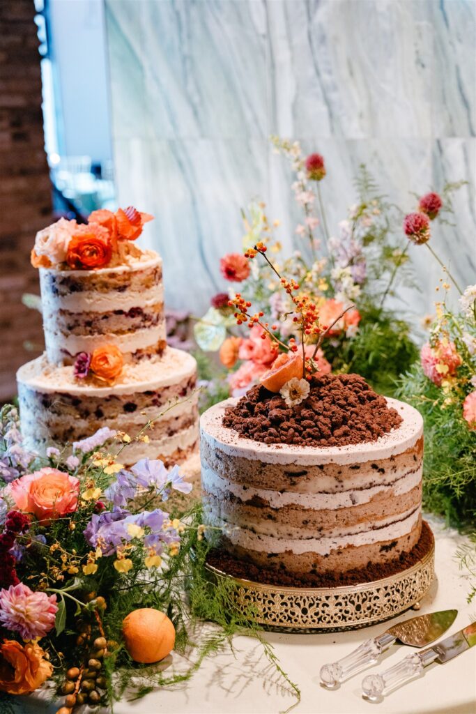 The Sage wedding celebration in Birmingham with two wedding cakes and colorful party details