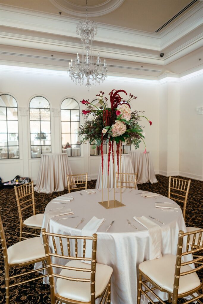 Florals designed by The Florentine floral staff are showcased at a wedding reception