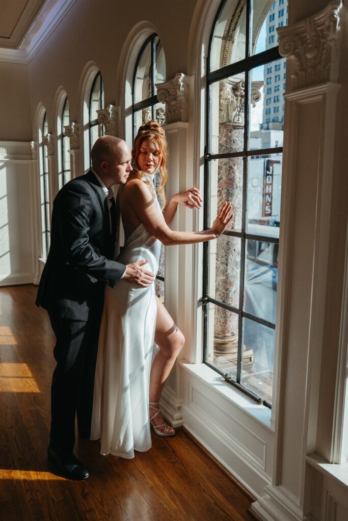 A natural light bridal portrait showcases newlyweds in an editorail style at The Florentine Birmingham