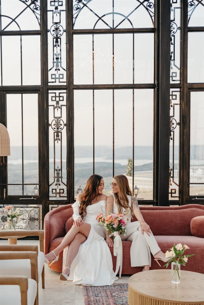 A bridal portrait is taken inside the atrium at Stone Haven, a sought after location for weddings in Alabama 
