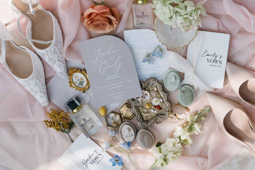 A detail flat lay is photographed at a Stonehaven wedding 