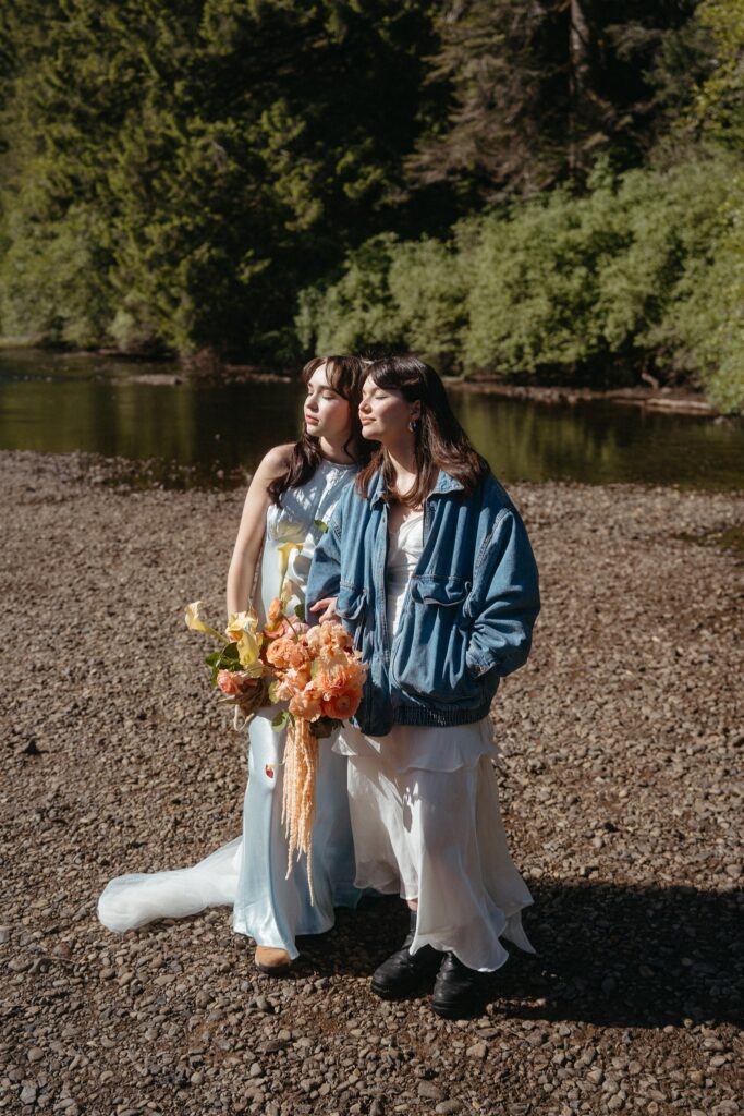 Bridal portraits taken near the water while eloping in Oregon