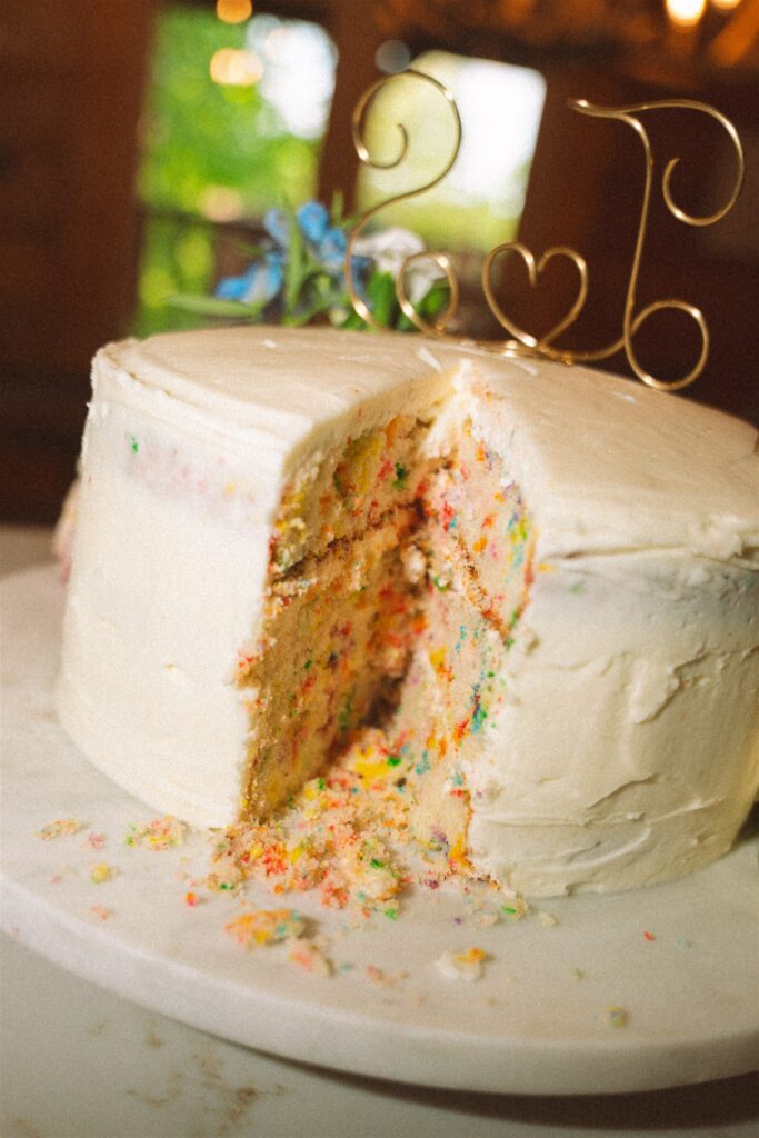A funfetti wedding cake is photographed inside a Smoky Mountains cabin in a reception photo taken by a Tennessee elopement photographer. 